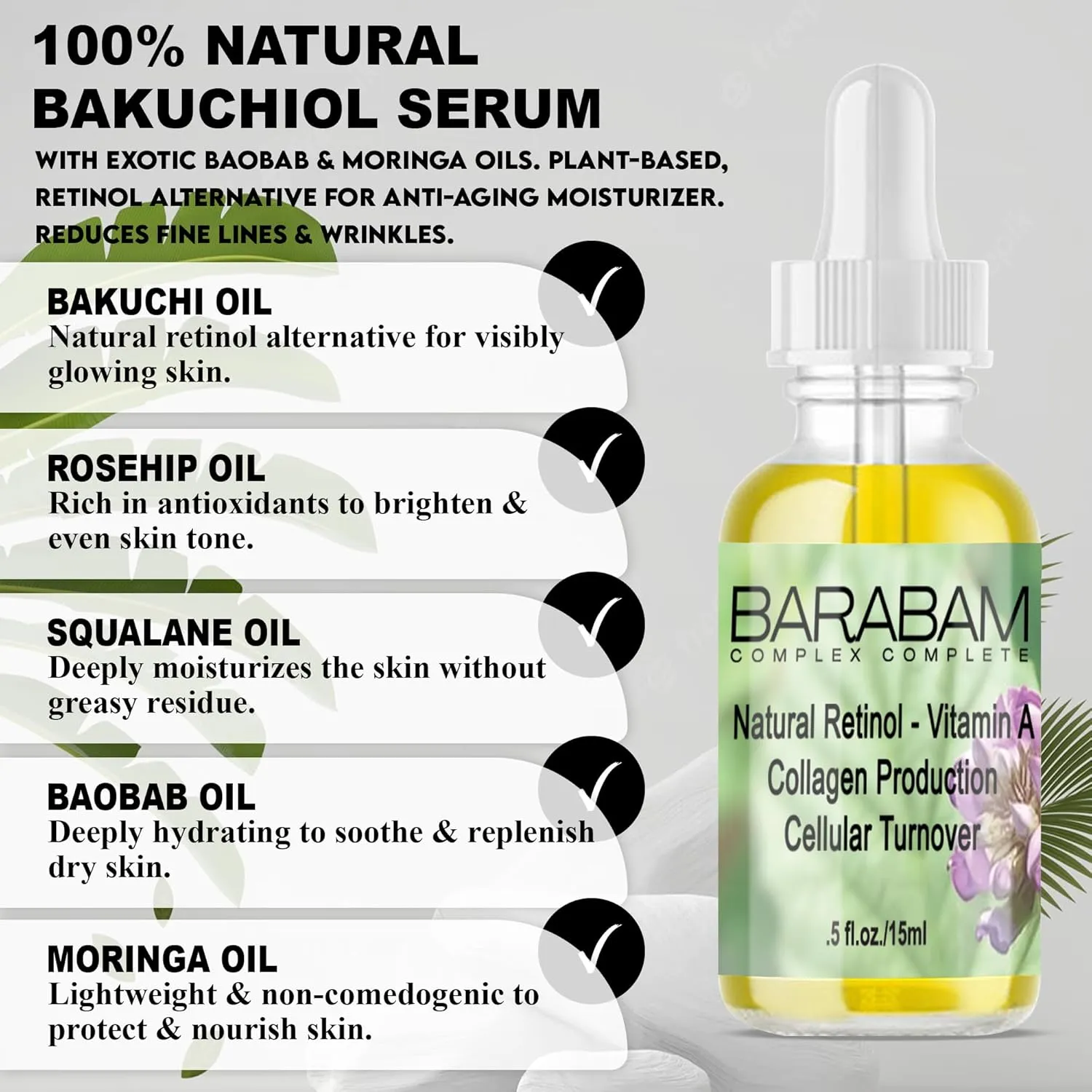 100% Natural, Organic Bakuchiol Face Serum with Squalane, Baobab & Moringa Oil. Plant-based, Retinol Alternative for Anti-aging Moisturizer. Reduces Wrinkles. Pregnancy Safe. Great for Sensitive Skin.