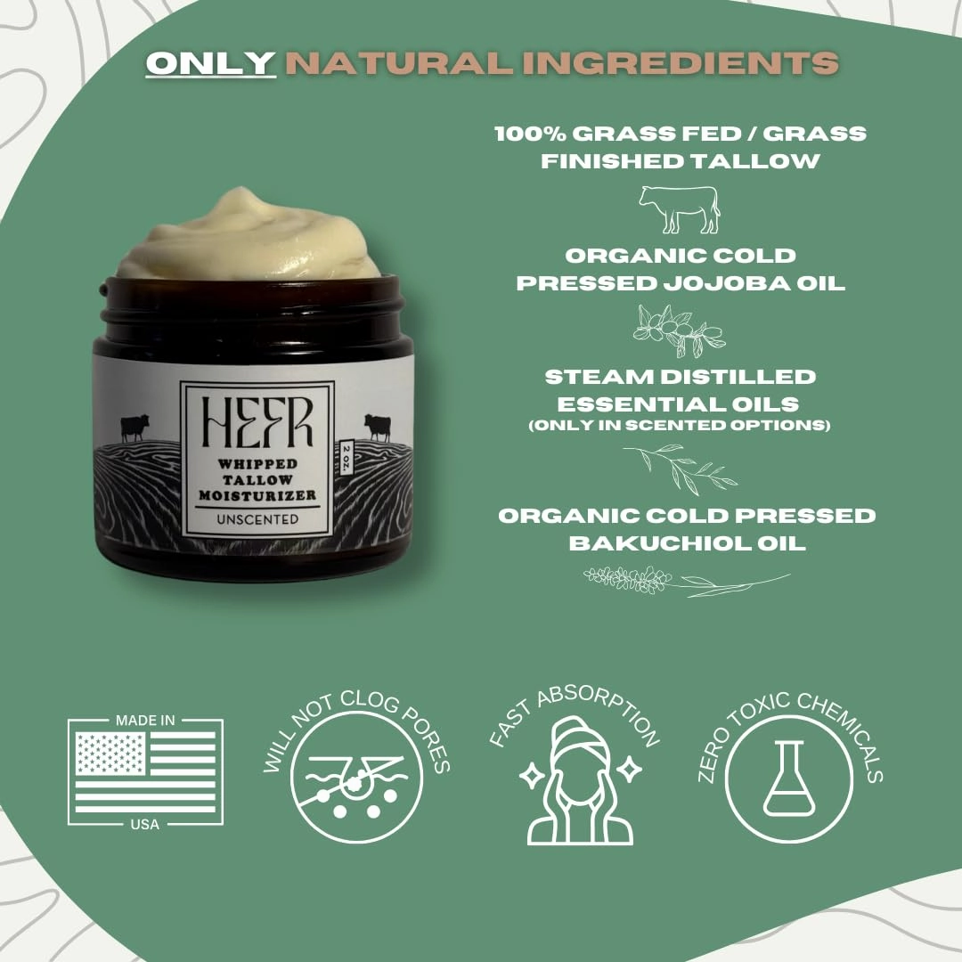 100% Grass Fed Beef Tallow for Skin Care, All-Natural Face and Body Whipped Beef Tallow Moisturizer, Organic Beef Tallow Moisturizer for Skin, Face and Body Lotion - (Unscented) 2 oz