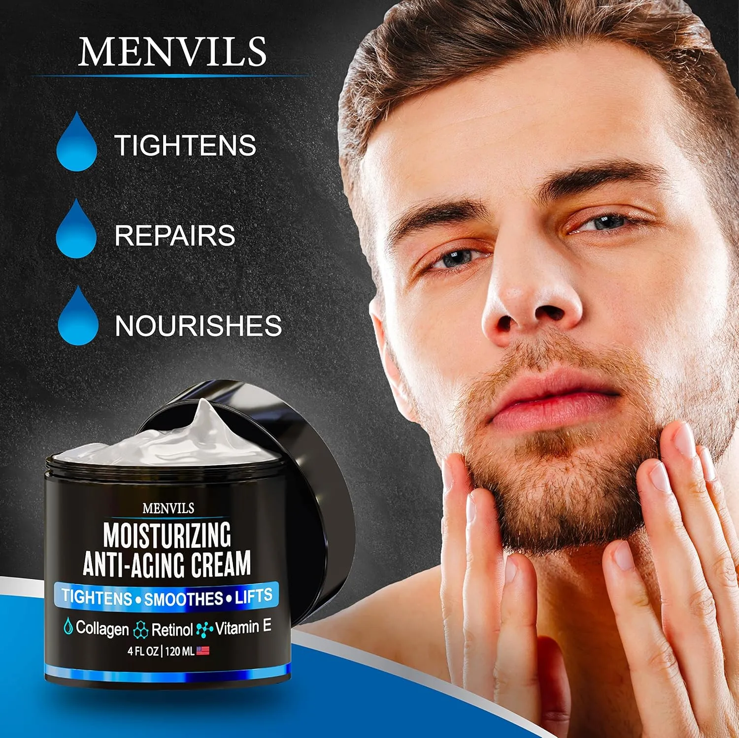(2 Pack) Mens Face Moisturizer Cream - Anti Aging & Wrinkle for Men with Collagen, Retinol, Vitamins E, Jojoba Oil - Face Lotion - Age Facial Skin Care - Eye Wrinkle - 8 oz Total