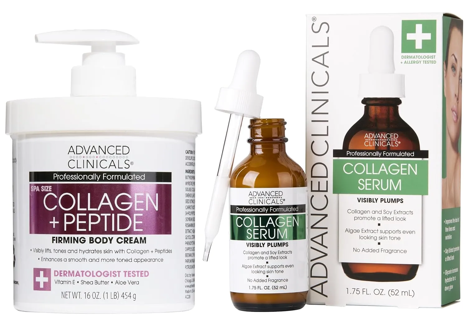 Advanced Clinicals Collagen   Peptides Firming Body Cream   Collagen Plumping Face Serum Set