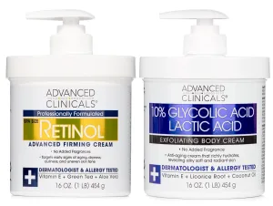 Advanced Clinicals Retinol Body Cream Moisturizer   Exfoliating 10% Glycolic Acid & Lactic Acid Lotion 2PC Skincare Set For Women & Men To Reduce Appearance Of Crepey Skin & Uneven Rough Skin Texture