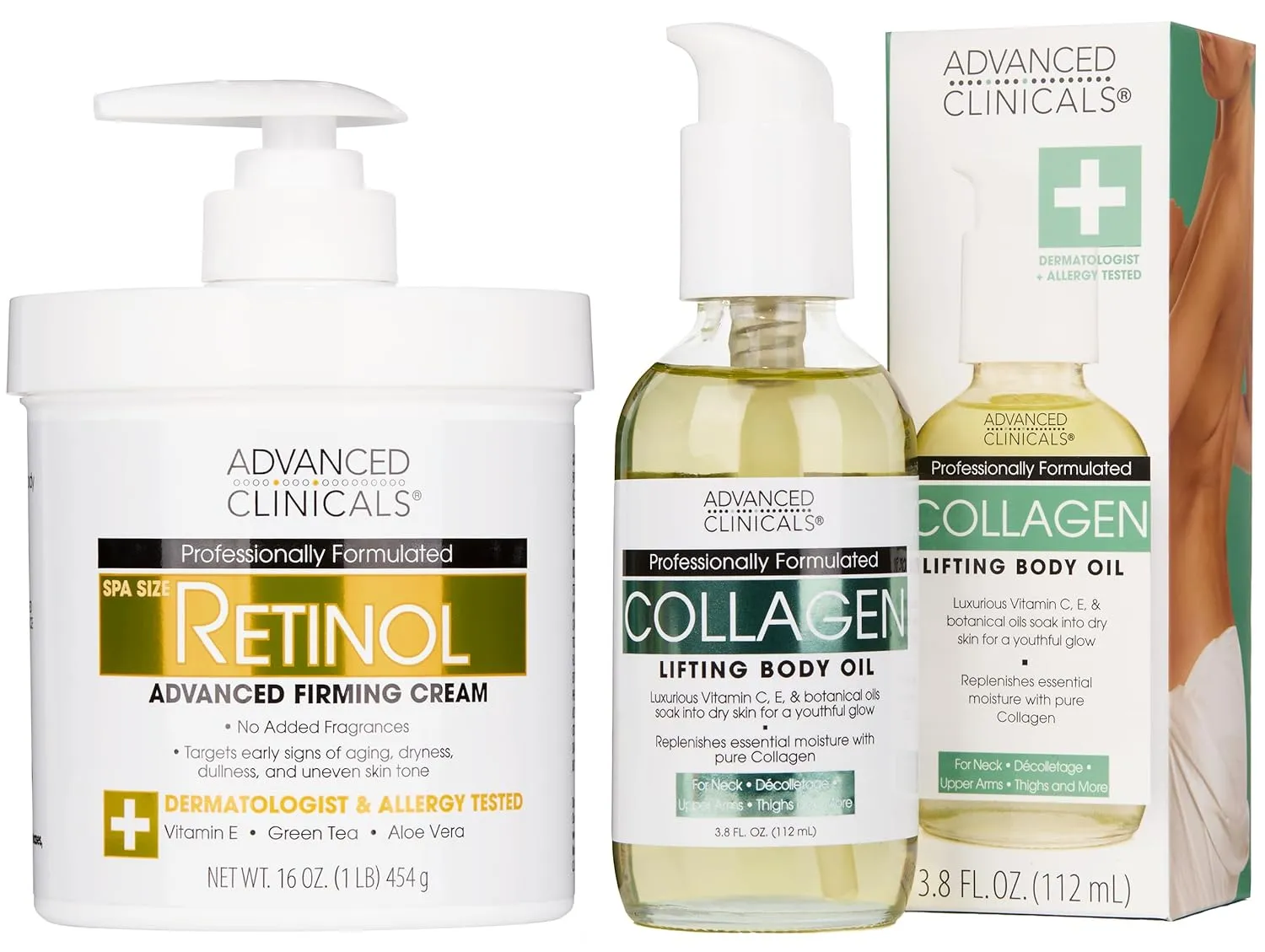 Advanced Clinicals Retinol Body Lotion   Collagen Body Oil 2pc Skincare Set For Women & Men | Fragrance Free Retinol Lotion   Collagen Massage Body Oil To Improve Appearance Of Crepey Skin, 2pc Set