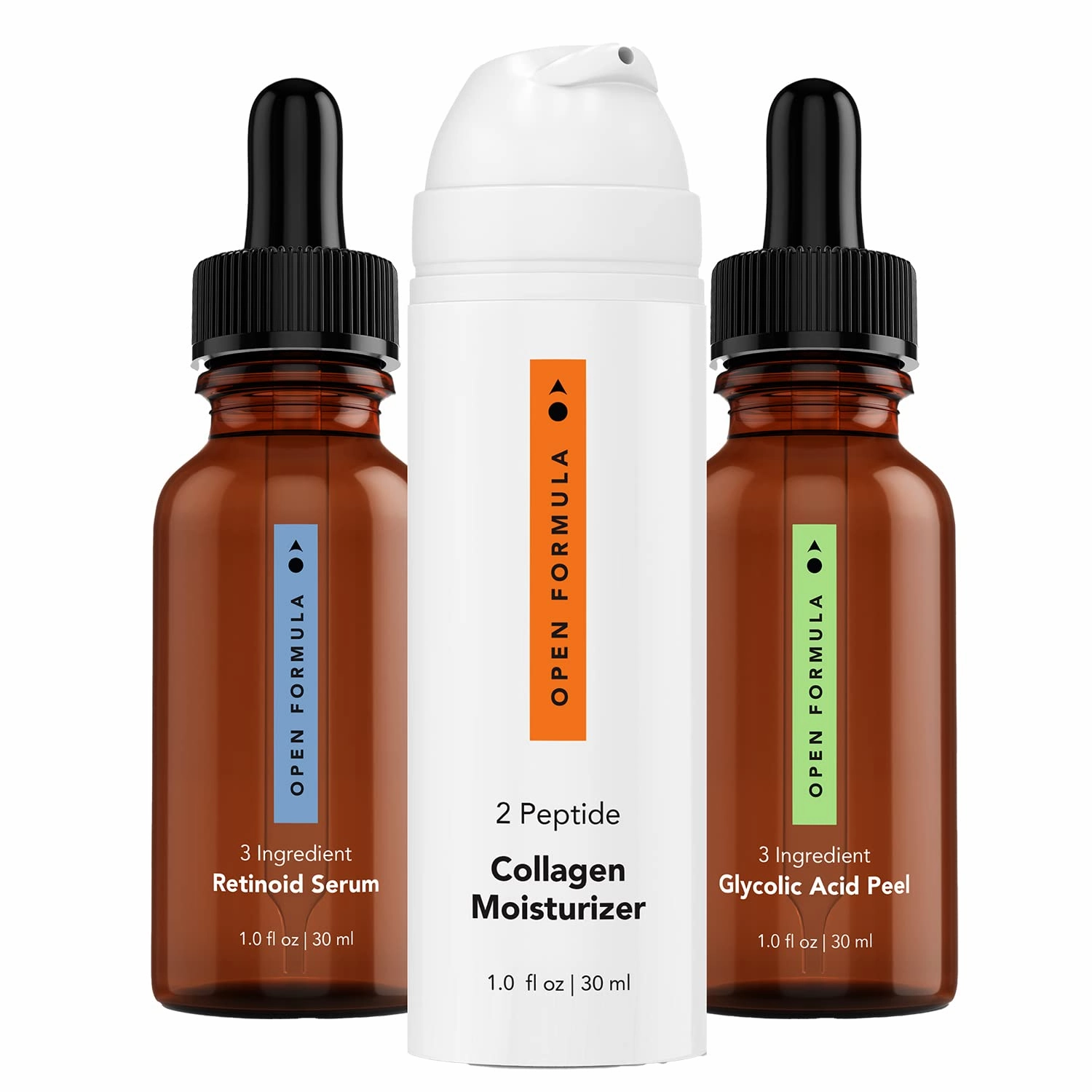 Anti-aging Super Set. Glycolic Acid Peel   Retinoid Serum   Collagen Peptide Moisturizer. For Dark Spots & Melasma, Lines & Wrinkles, Loose & Sagging Skin. 3 Products, 3 Minutes To Apply