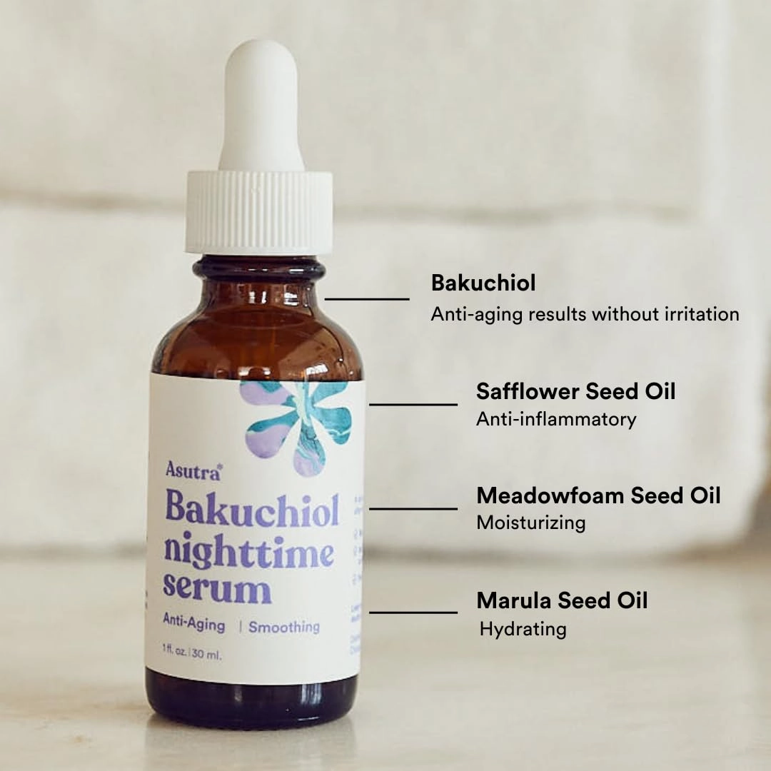 ASUTRA Bakuchiol Nighttime Serum, 1 fl oz - Skin Smoothing Retinol Alternative, Nourish and Hydrate Skin, Gentle Face Serum