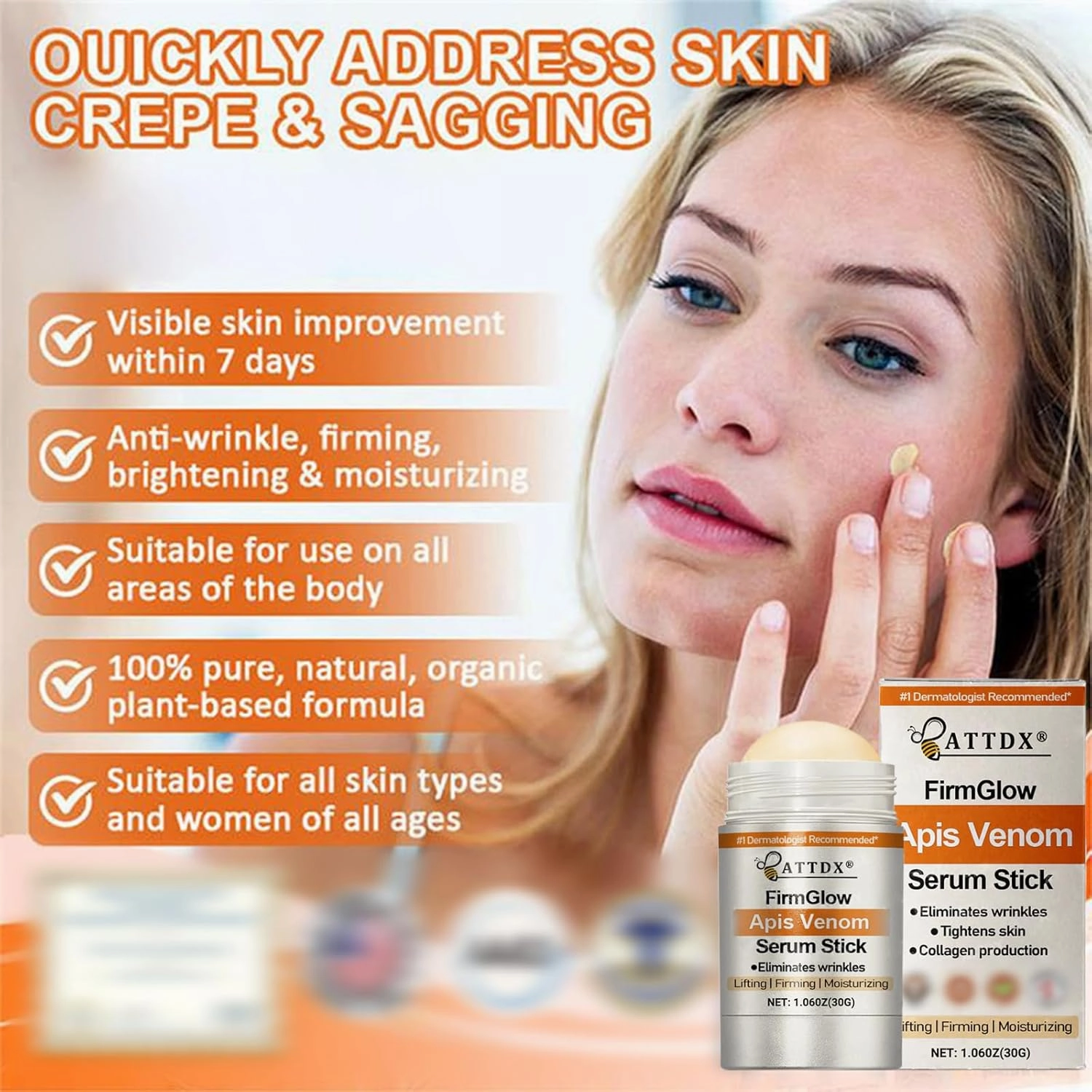 ATTDX FirmGlow Apis Venom Serum Stick, Advanced Firming and Wrinkle Reducing Cream, Botox Bee Venom Firming Serum Stick, Botox Bee Venom Cream for Body Lifts, Moisturizing, Lifting & Recovery (1)
