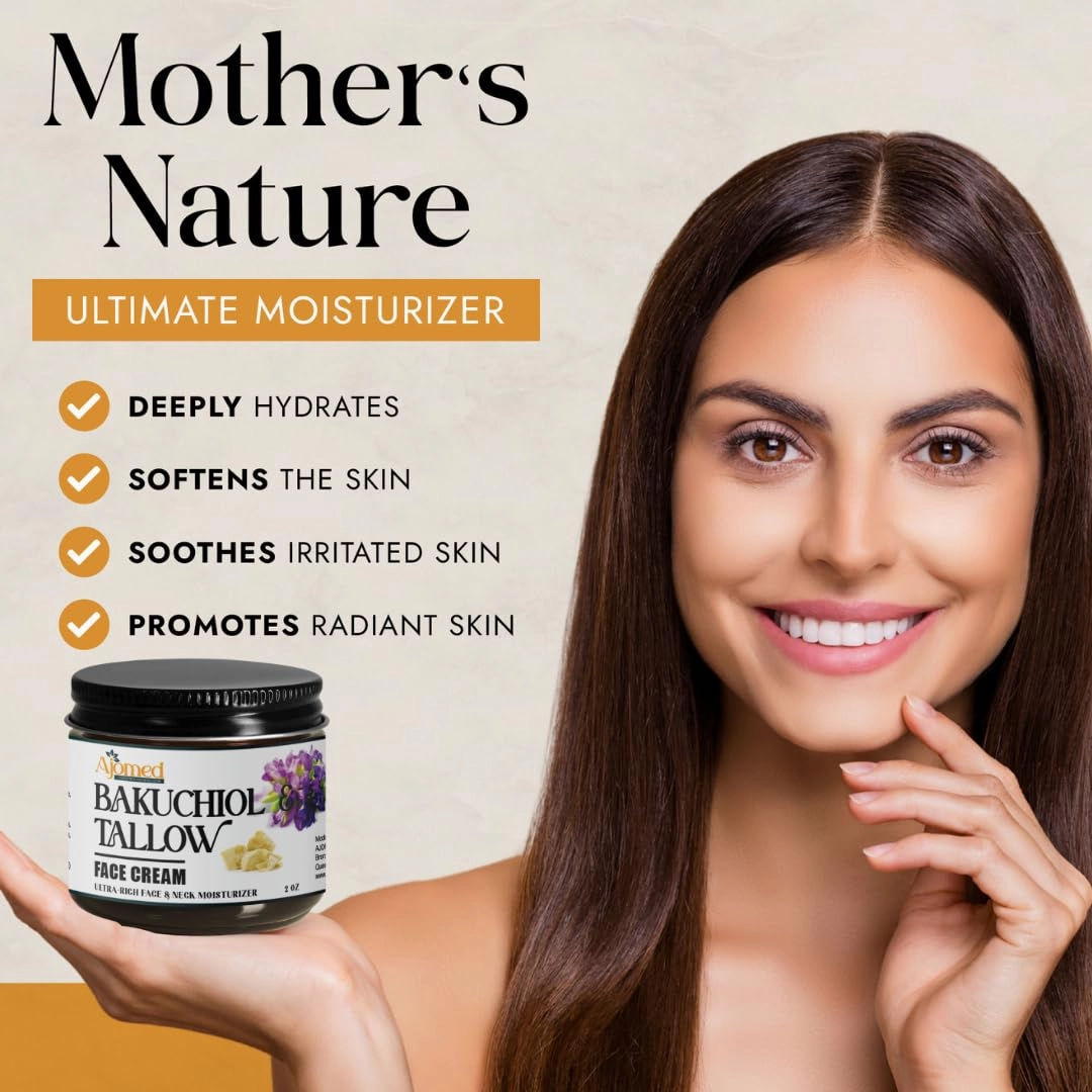 Beef tallow face cream with 2% Bakuchiol oil- Handmade NON GREASY anti aging tallow for skin- face moisturizer, Natural retinol- eczema cream, anti wrinkle, fine lines (Unscented/herbal)