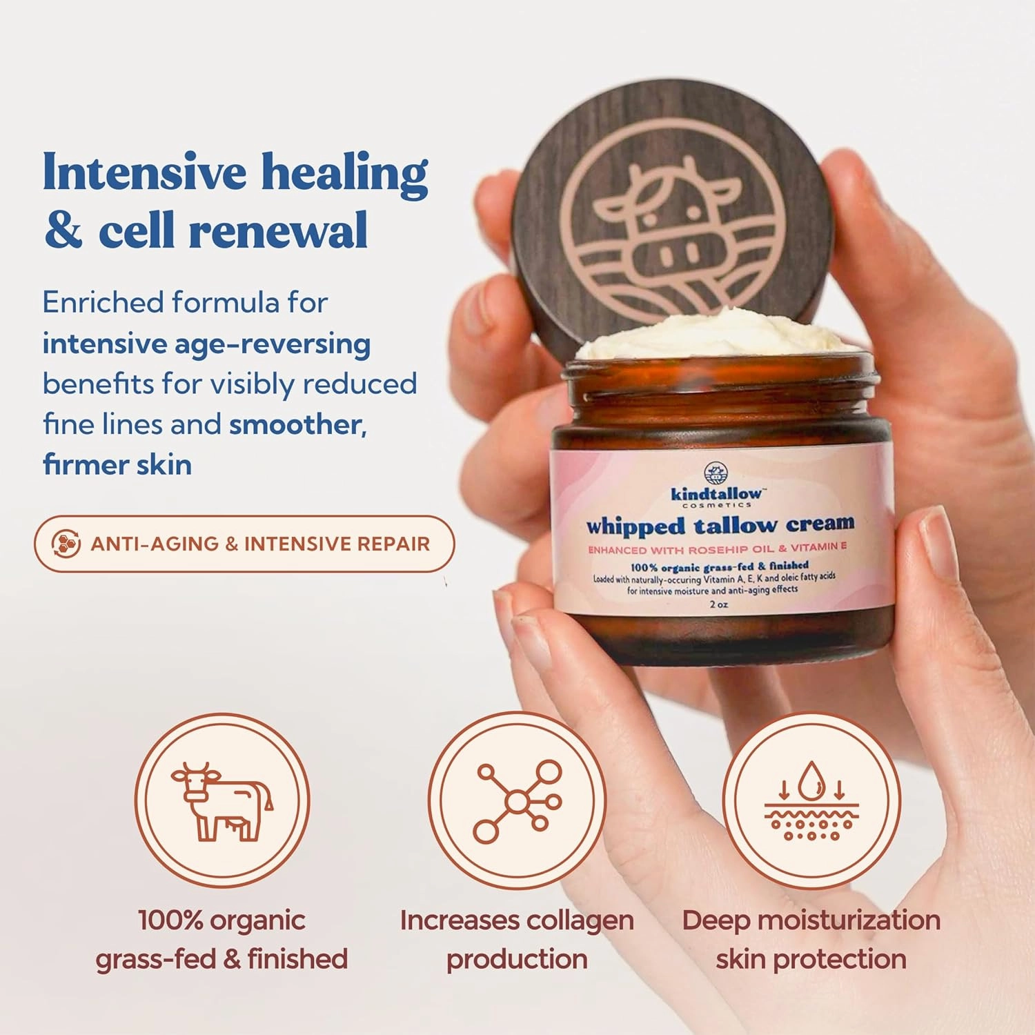 Beef Tallow for Skin - Organic Tallow Face Moisturizer and Body Butter from 100% Grass Fed Beef Tallow, (Rosehip   Vitamin E) Made with Jojoba Oil for Sensitive Skin, Eczema, Baby, 2 oz