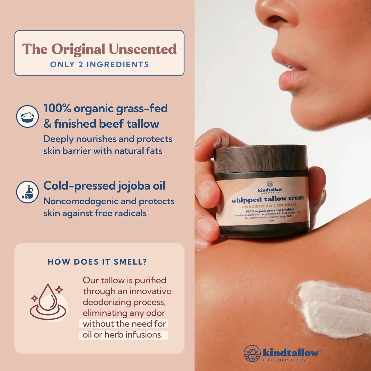 Beef Tallow for Skin - Organic Tallow Face Moisturizer and Body Butter from 100% Grass Fed Beef Tallow, (Unscented) Made with Jojoba Oil for Sensitive Skin, Eczema, Baby, 2 oz
