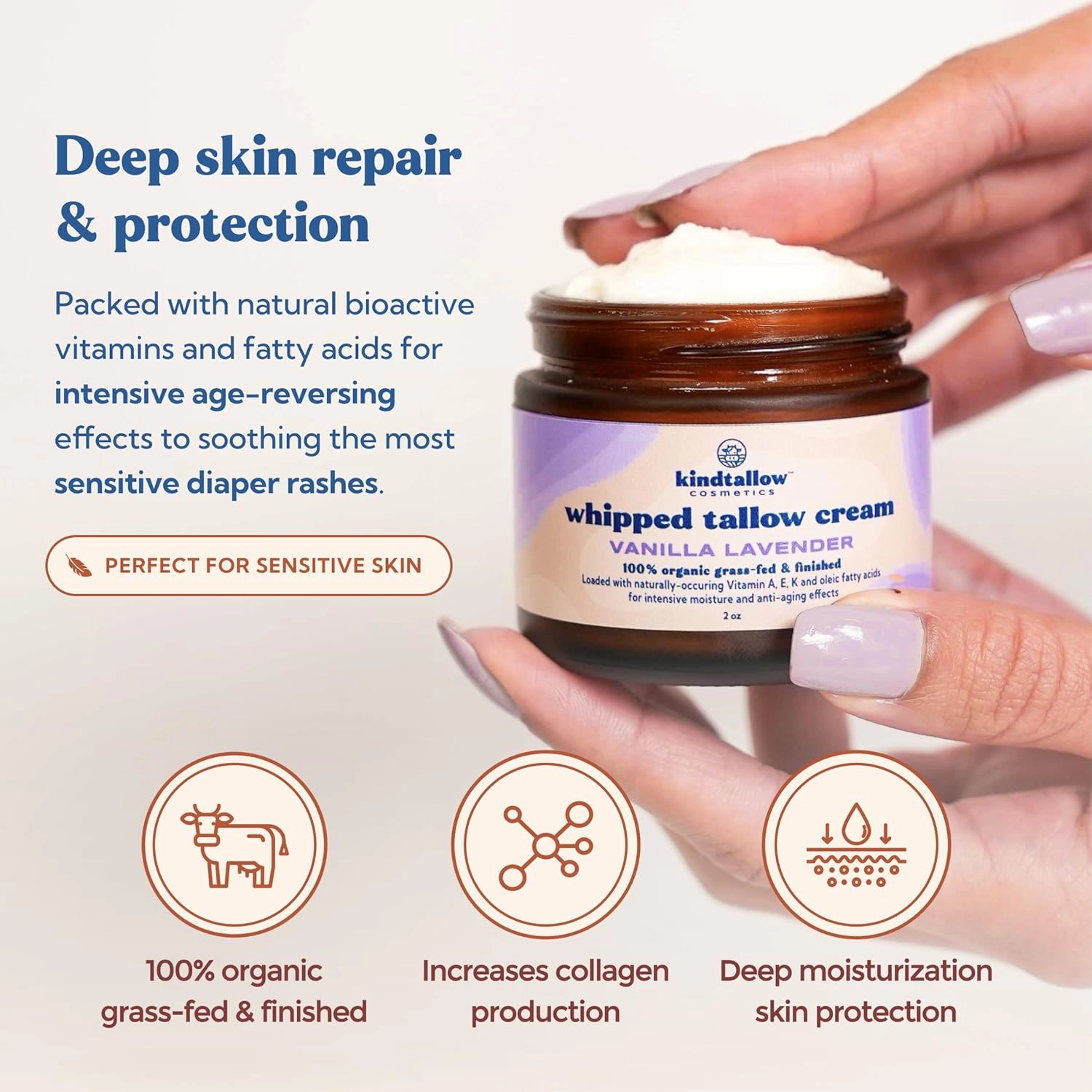 Beef Tallow for Skin - Organic Tallow Face Moisturizer and Body Butter from 100% Grass Fed Beef Tallow, (Vanilla Lavender) Made with Jojoba Oil for Sensitive Skin, Eczema, Baby, 2 oz