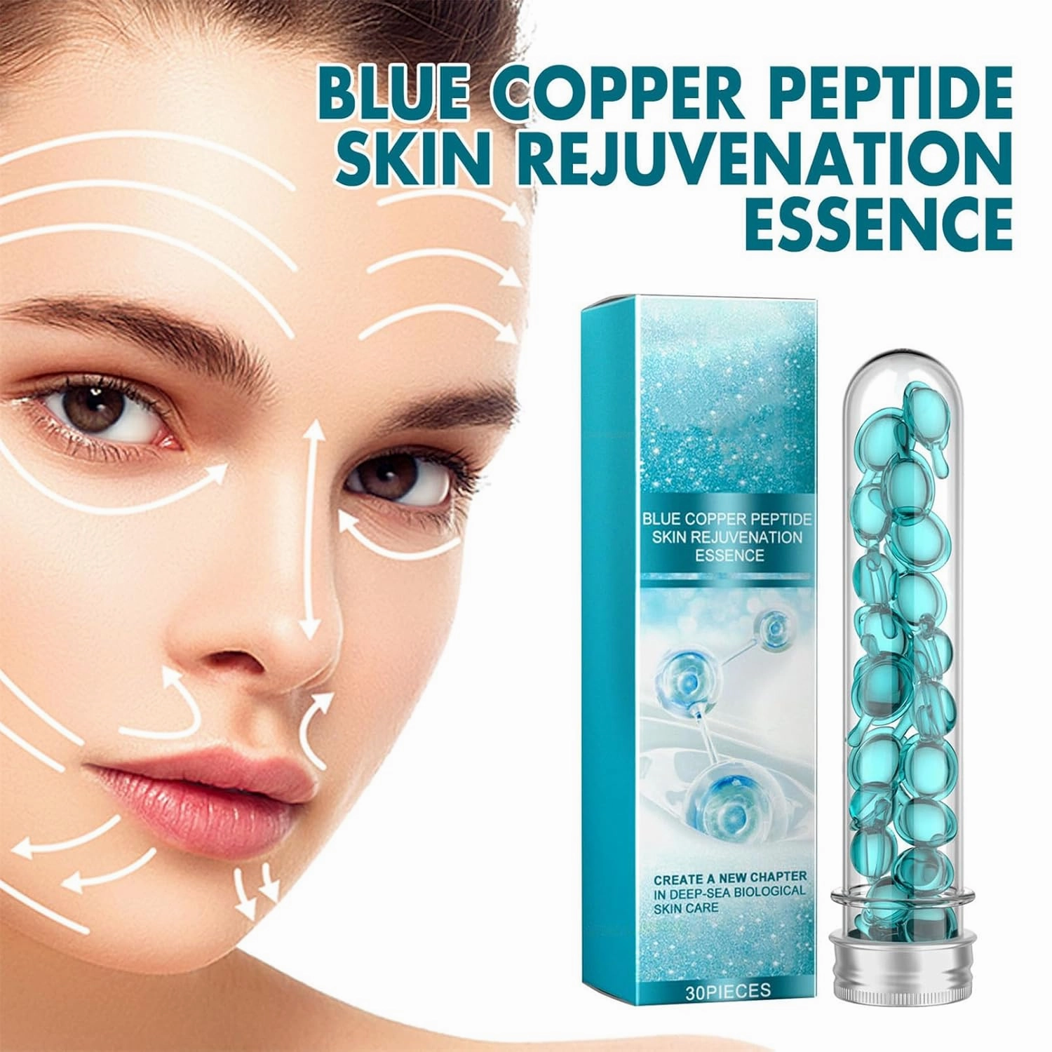 Blue Copper Peptide Skin Rejuvenation Essence, Blue Peptides Serum Copper Capsules, Glow Brightening Face Essence Emulsion Capsule, Tighten Skin, Brighten Skin Tone, Anti-Aging (90)