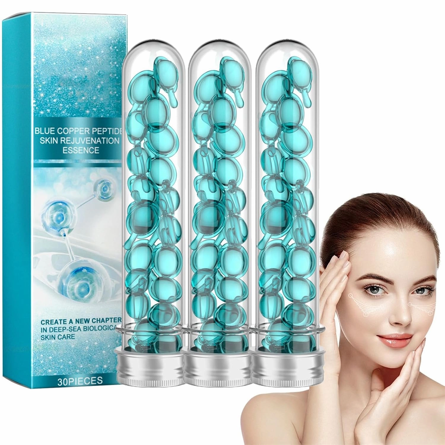 Blue Copper Peptide Skin Rejuvenation Essence, Blue Peptides Serum Copper Capsules, Glow Brightening Face Essence Emulsion Capsule, Tighten Skin, Brighten Skin Tone, Anti-Aging (90)