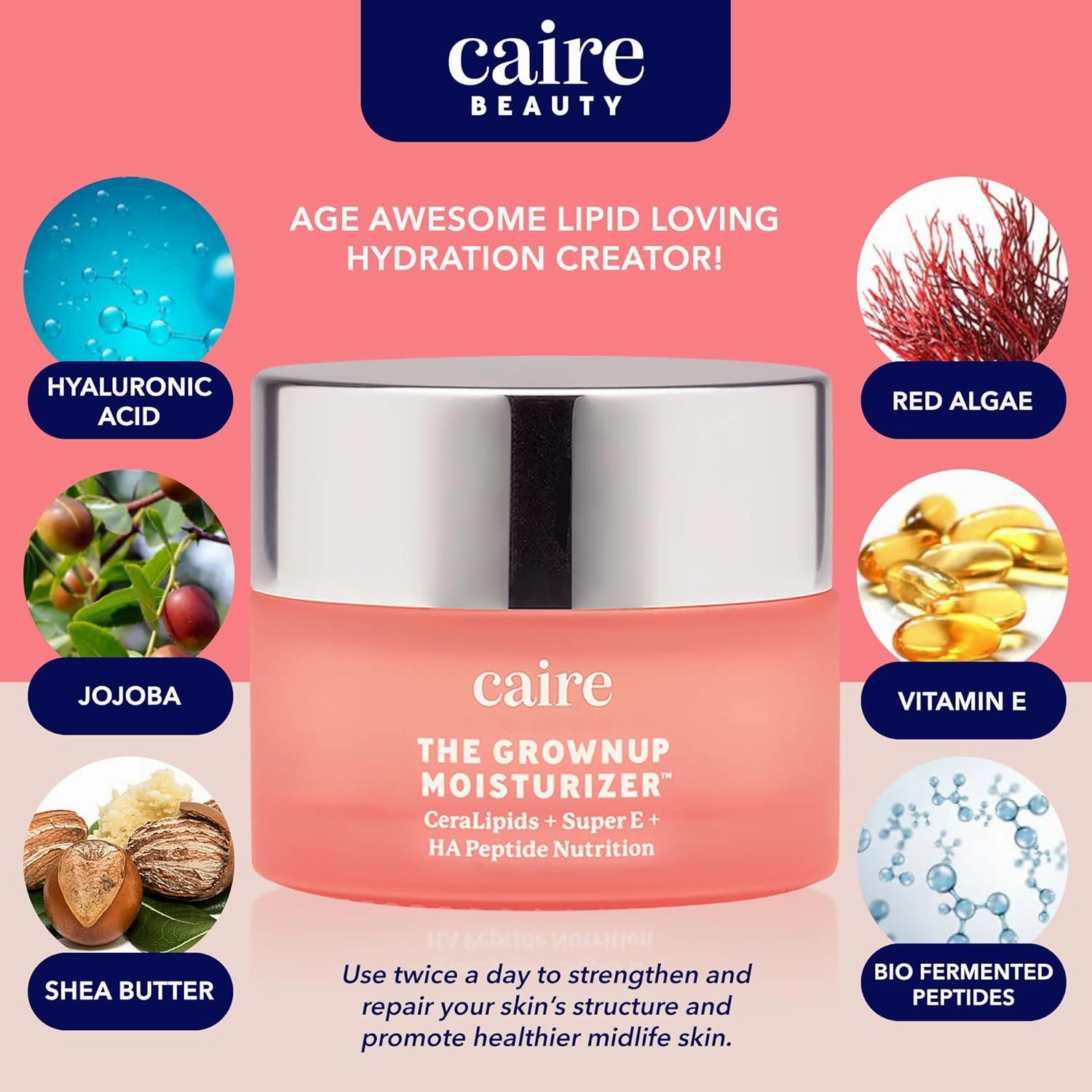 Caire The Grownup Pro-Aging Moisturizer Advanced Hyaluronic Acid Peptide Natural Ceramide Lipid Replenishing moisturizer. Wrinkle Fighting, Collagen Generation (15 ml)