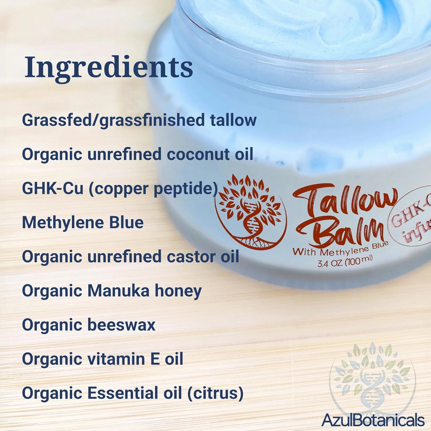 Copper Peptide GHk-Cu & Methylene Blue Infused Whipped Grass Fed Beef Tallow Balm, Fine lines, Wrinkles, Eczema, Acne, Full body Moisturizer, All skin types, With Organic Ingredients 1.7oz