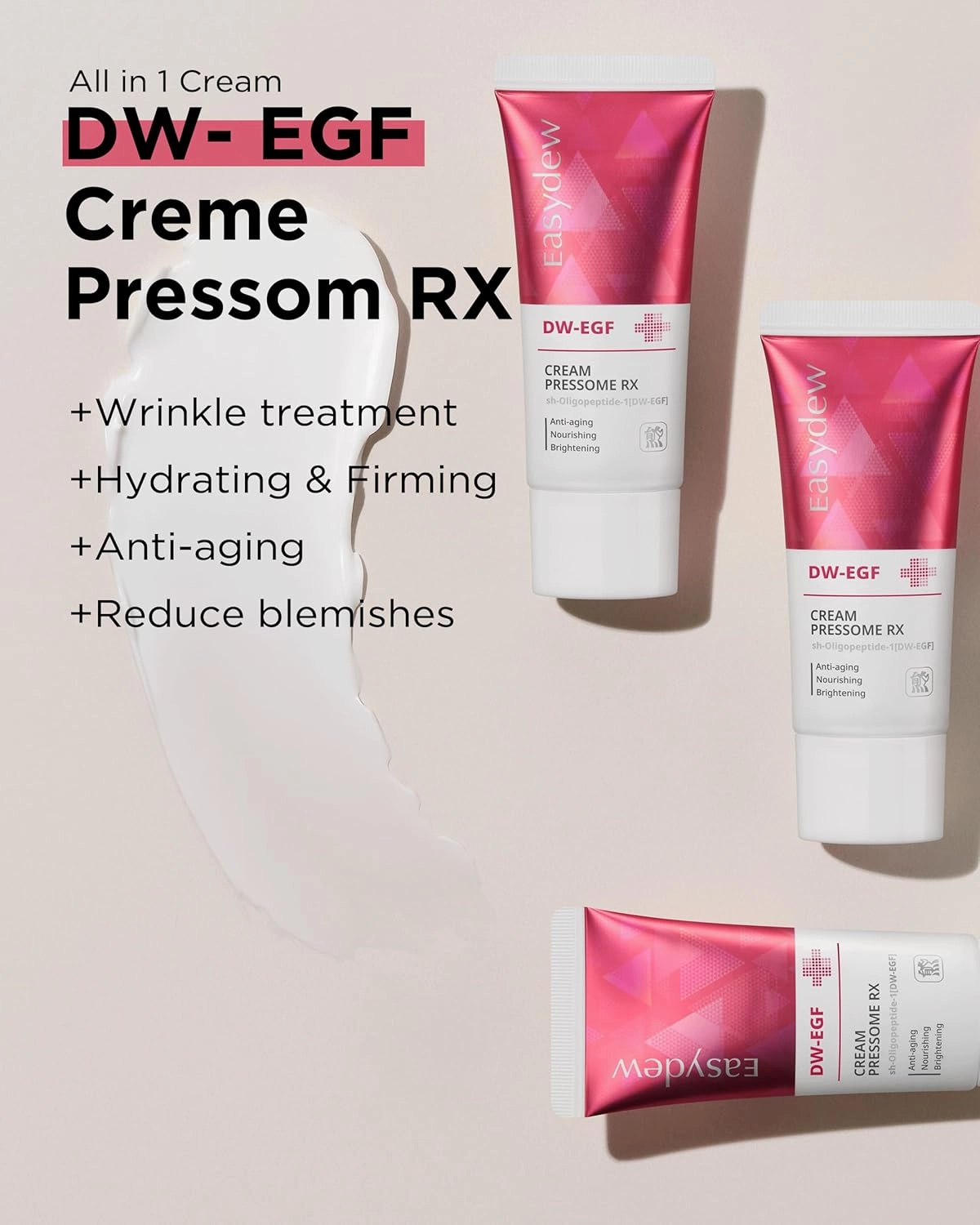 EASYDEW DW-EGF Peptide Pressome RX Cream - Korean Anti Aging Face Moisturizer for Firmness & Elasticity with EGF, Ceramide, Hyaluronic Acid - Soften & Reduce the Appearance of Wrinkles, 1.01oz. 3 Pack
