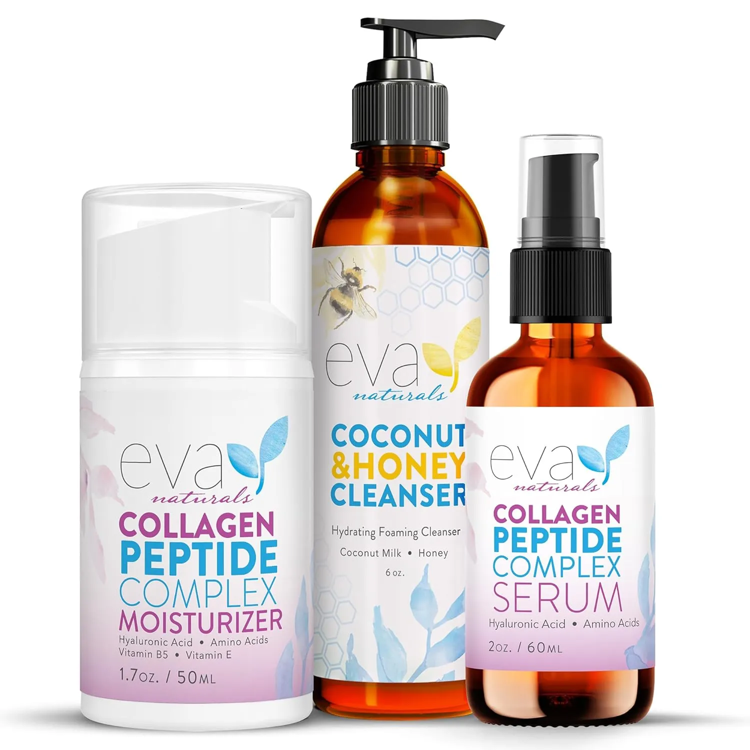 Eva Naturals Collagen Peptide Serum, Collagen Peptide Moisturizer & Coconut and Honey Cleanser Bundle