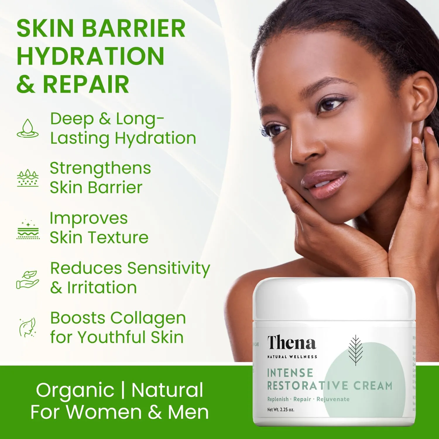Face Moisturizer For Dry Skin Barrier Repair Cream Fragrance Free Facial Cream, Organic & Natural Skin Care Vegan Sensitive Skin, Thena RESTORE Essential Routine Collection