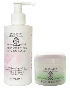 Florencia Lightweight, Oil-Free Daily Skincare Facial Bundle: Peptide Oxygen Revitalizing Facial Cleanser, Sage & Citrus Moisturizer for Men & Women, Oily, Combination, Acne, Sensitive Skin.