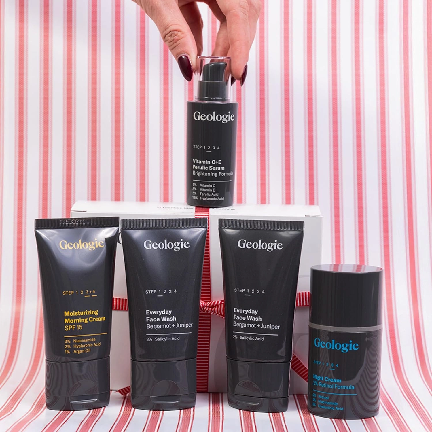 Geologie Skincare Hero Set | 5-Piece Kit Includes 2 Face Washes, SPF15 Moisturizer, Retinol Cream & Vitamin C Serum | Daily Routine for Clear, Healthy Skin for Men and Women | Lasts 3 Months