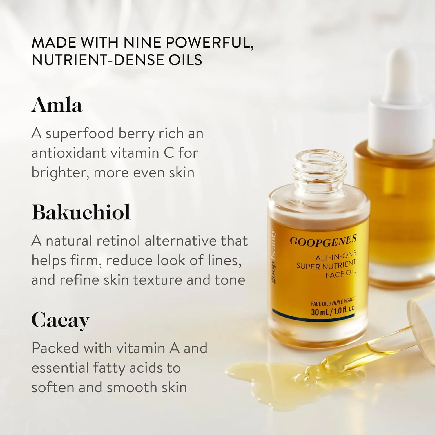 goop Beauty Nutrient Face Oil | Anti Aging Moisturizer for Smooth Skin Texture & Wrinkles | Bakuchiol, Cacay, & Organic Amla | 1 fl oz