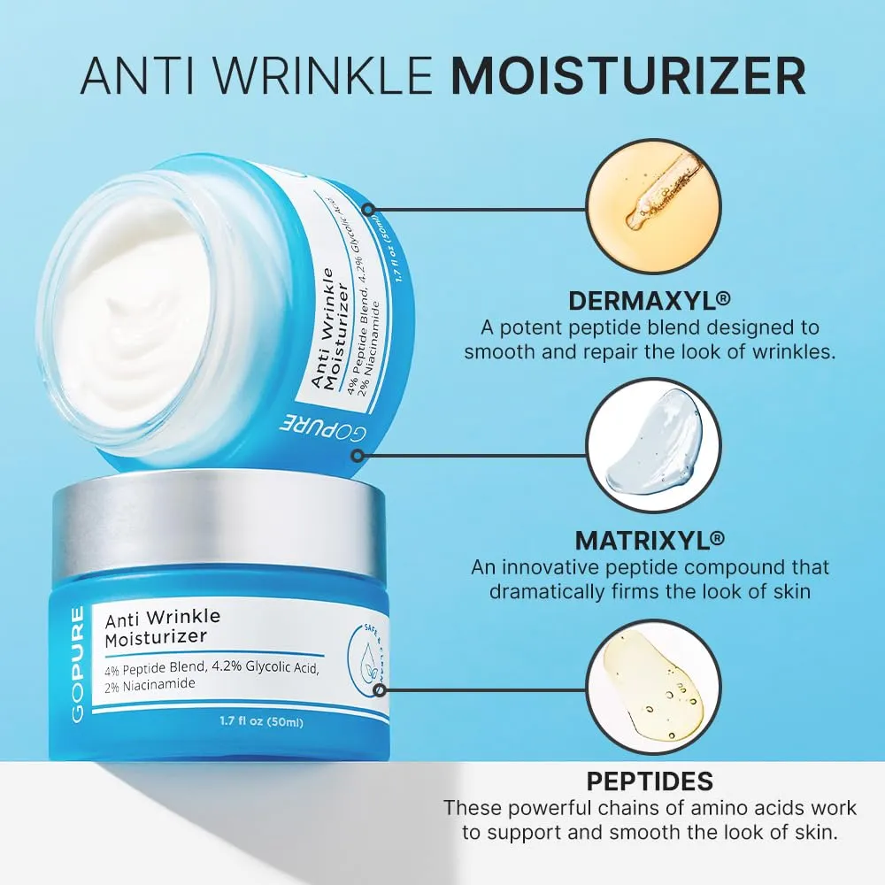 goPure Glyco-Peptide Anti Wrinkle Face Cream - Hyaluronic Acid Moisturizer for Face with Glycolic Acid, Peptides, and Vitamin E - Hydrating Facial Moisturizer with Anti-Aging Formula - 1.7 fl oz