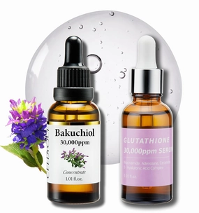 Korean Bakuchiol & Glutathione Serum Bundle – 30,000 ppm High Potency Concentrates for Wrinkle Reduction, Skin Firming, Even Tone & Dark Spot Care – Retinol Alternative & Brightening Hydration – Vegan