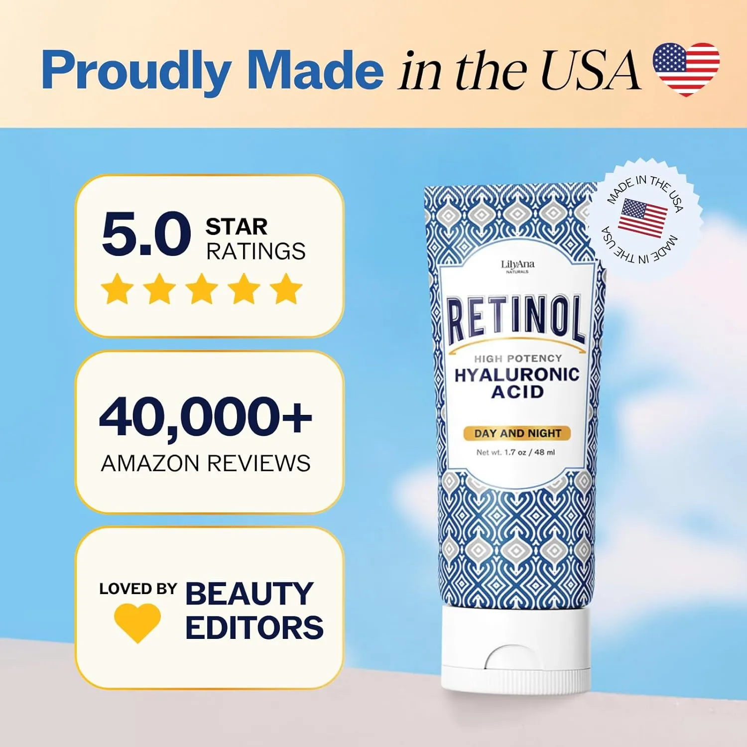 LilyAna Naturals Retinol Cream - Anti-Aging Moisturizer for Face & Neck, Made in USA, Wrinkle Reduction - 1.7oz, 2 Pack