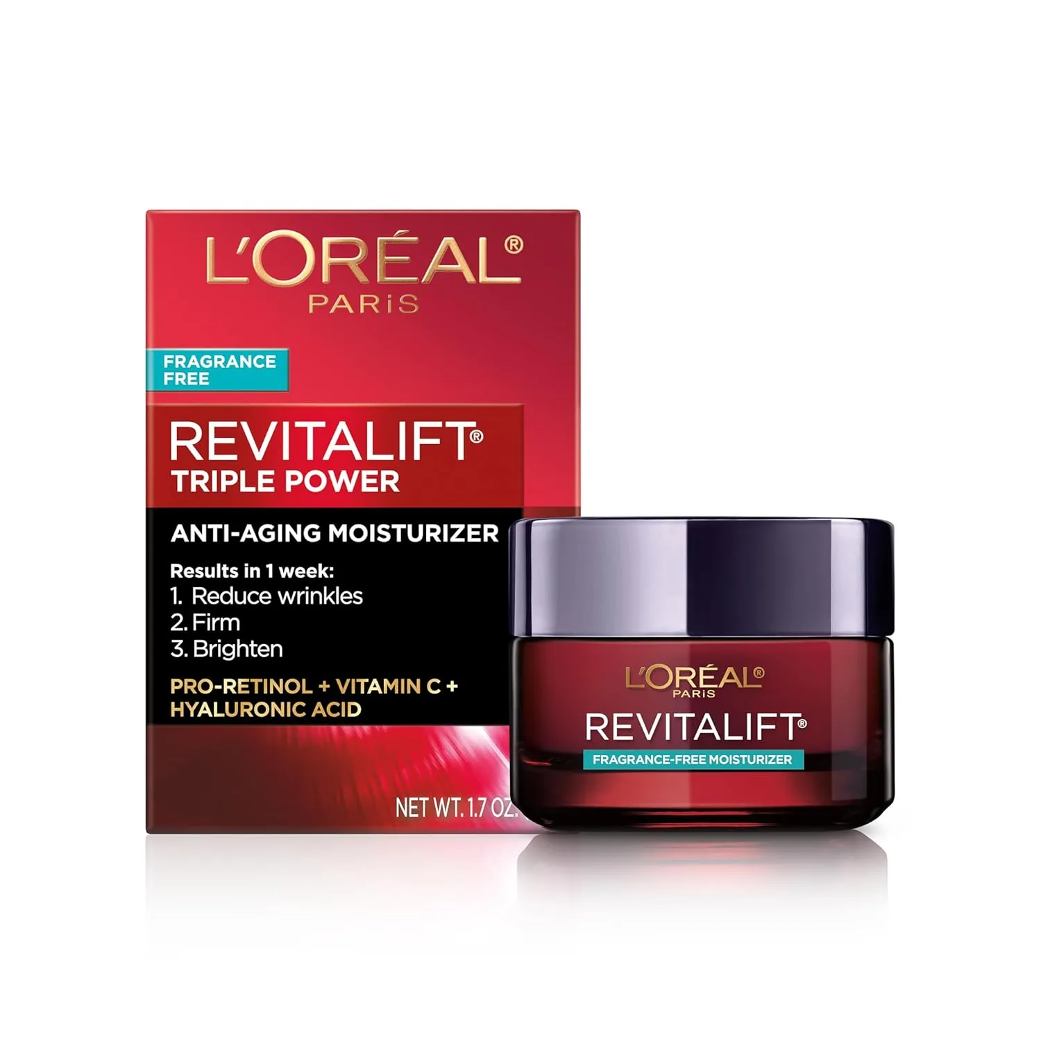 L’Oreal Paris Revitalift Triple Power Anti-Aging Face Moisturizer, Pro Retinol, Hyaluronic Acid & Vitamin C, Reduce Wrinkles, Fragrance Free 1.7 Oz