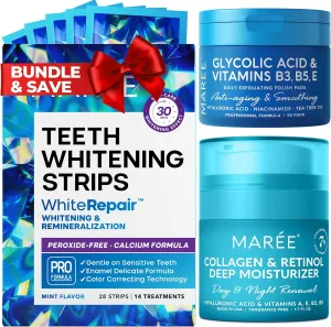 MAREE Bundle - Dental Care Kit, Glycolic Acid Peel Pads & Face Moisturizer - Teeth Whitening Strips with Calcium Formula & Mint Flavor - Collagen & Hyaluronic Acid, Retinol - Salicylic Acid