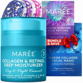MAREE Bundle - Face Moisturizer Cream, Acne Clearing Devices, Sheet Moisturizing Masks - Marine Collagen & Hyaluronic Acid, Retinol, Tea Tree Oil - Anti Aging Face Cream, Hydrocolloid Acne Therapy