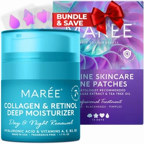 MAREE Bundle - Face Moisturizer Cream & Acne Сlearing Devices - Marine Collagen & Hyaluronic Acid, Retinol, Green Algae Extract & Tea Tree Oil- Anti Aging Face Cream, Hydrocolloid Acne Therapy Device