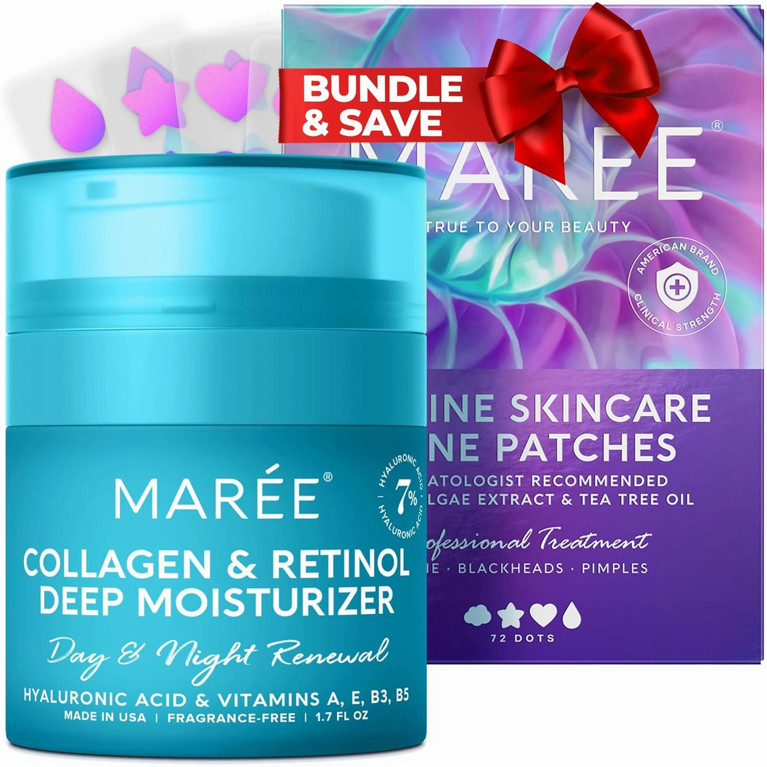 MAREE Bundle - Face Moisturizer Cream & Acne Сlearing Devices - Marine Collagen & Hyaluronic Acid, Retinol, Green Algae Extract & Tea Tree Oil- Anti Aging Face Cream, Hydrocolloid Acne Therapy Device