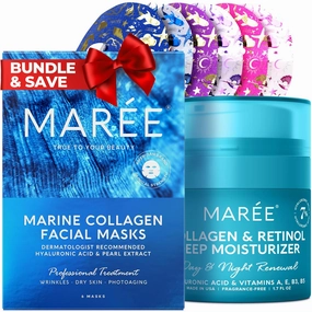 MAREE Collagen Boost Bundle - Sheet Moisturizing Masks & Face Moisturizer Cream - Collagen & Hyaluronic Acid, Retinol, Pearl Extract - Hydrating Skin Care Mask & Anti Aging Face Cream - 6 pack & 1.7oz
