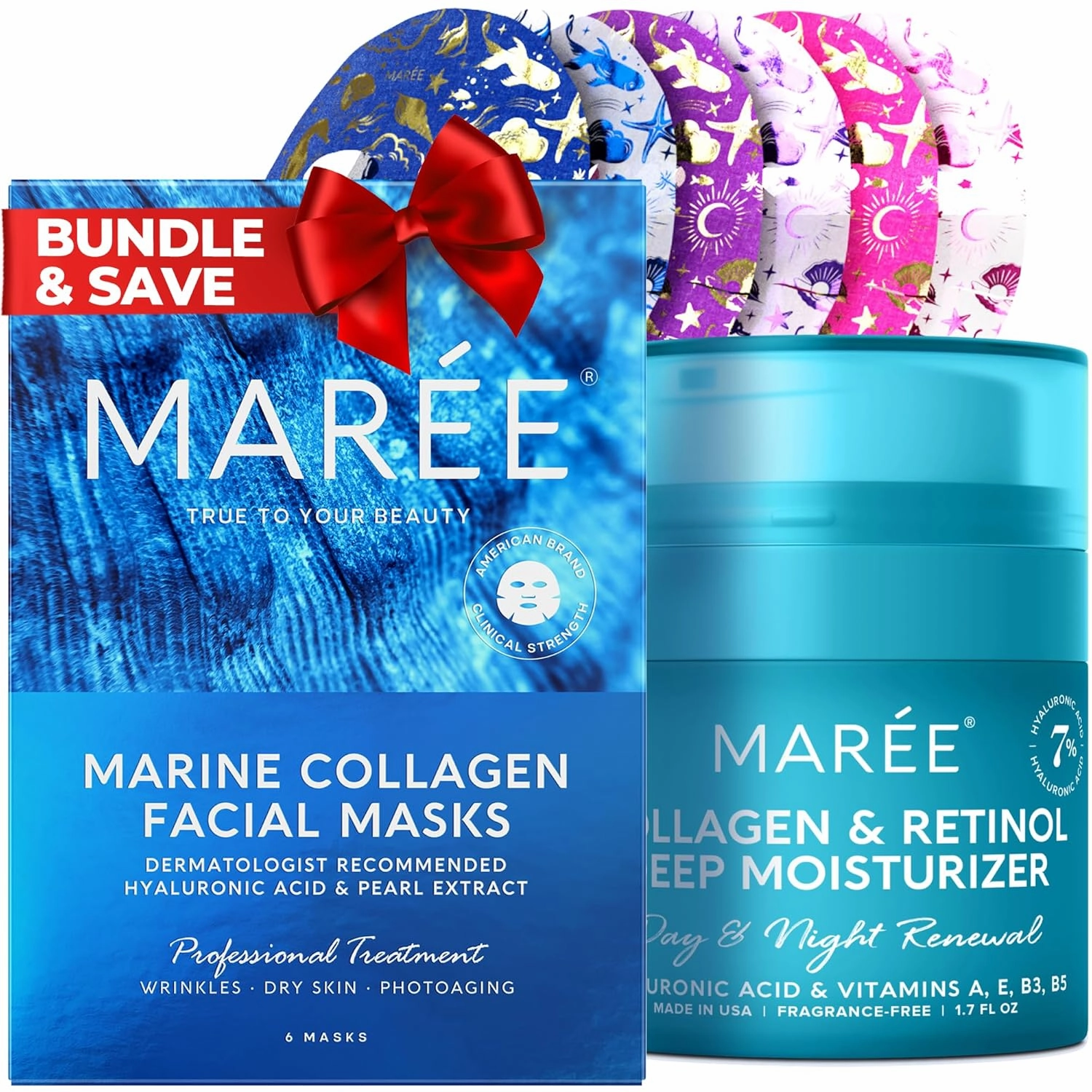 MAREE Collagen Boost Bundle - Sheet Moisturizing Masks & Face Moisturizer Cream - Collagen & Hyaluronic Acid, Retinol, Pearl Extract - Hydrating Skin Care Mask & Anti Aging Face Cream - 6 pack & 1.7oz