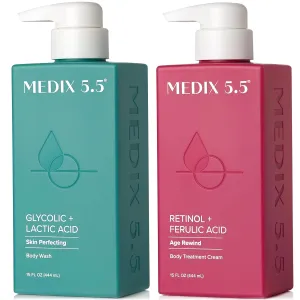 Medix 5.5 Exfoliating AHA Glycolic Acid Face & Body Wash Cleanser   Retinol Moisturizing Body Cream Lotion Skin Care 2PC Set | Alpha Hydroxy Acid & Lactic Acid Foaming Face Wash, 2-PC