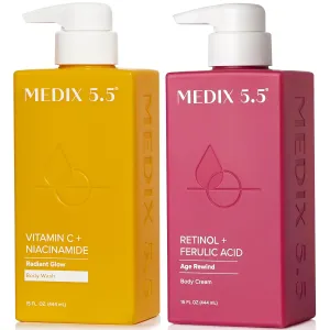 MEDIX Vitamin C Body Wash   Retinol Body Lotion Crepey Skin Moisturizer 2PC Set | Anti Aging Retinol Body Cream   Gel Body Cleanser Skincare Set For Women, Men, & Firmer Looking Skin, 2PC