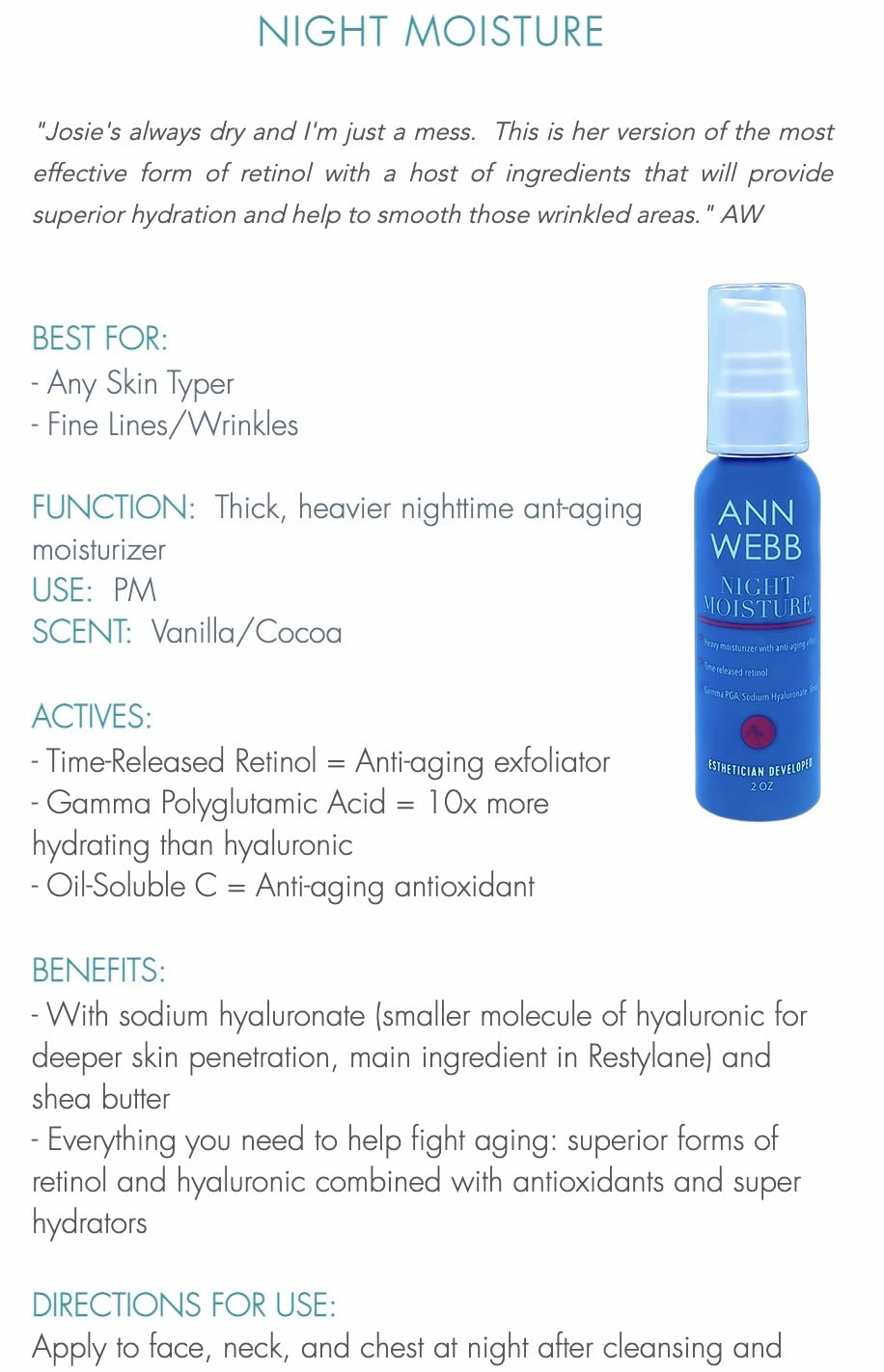 Night Moisture Lotion - All Natural Thick Night Moisturizer for Face w/Retinol - Intense Soothing Night Cream for Firming, Anti-Aging & Wrinkle Cream - For Dry, Normal & Oily Skin 1oz