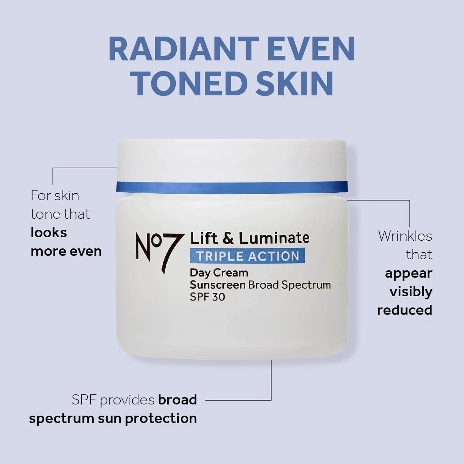 No7 Lift & Luminate Triple Action Day Cream - Anti-Aging Face Cream SPF 30, Hyaluronic Acid & Vitamin C - Visibly Firms Skin for Healthy Looking Radiance - Suitable for Sensitive Skin (1.69 Fl Oz)
