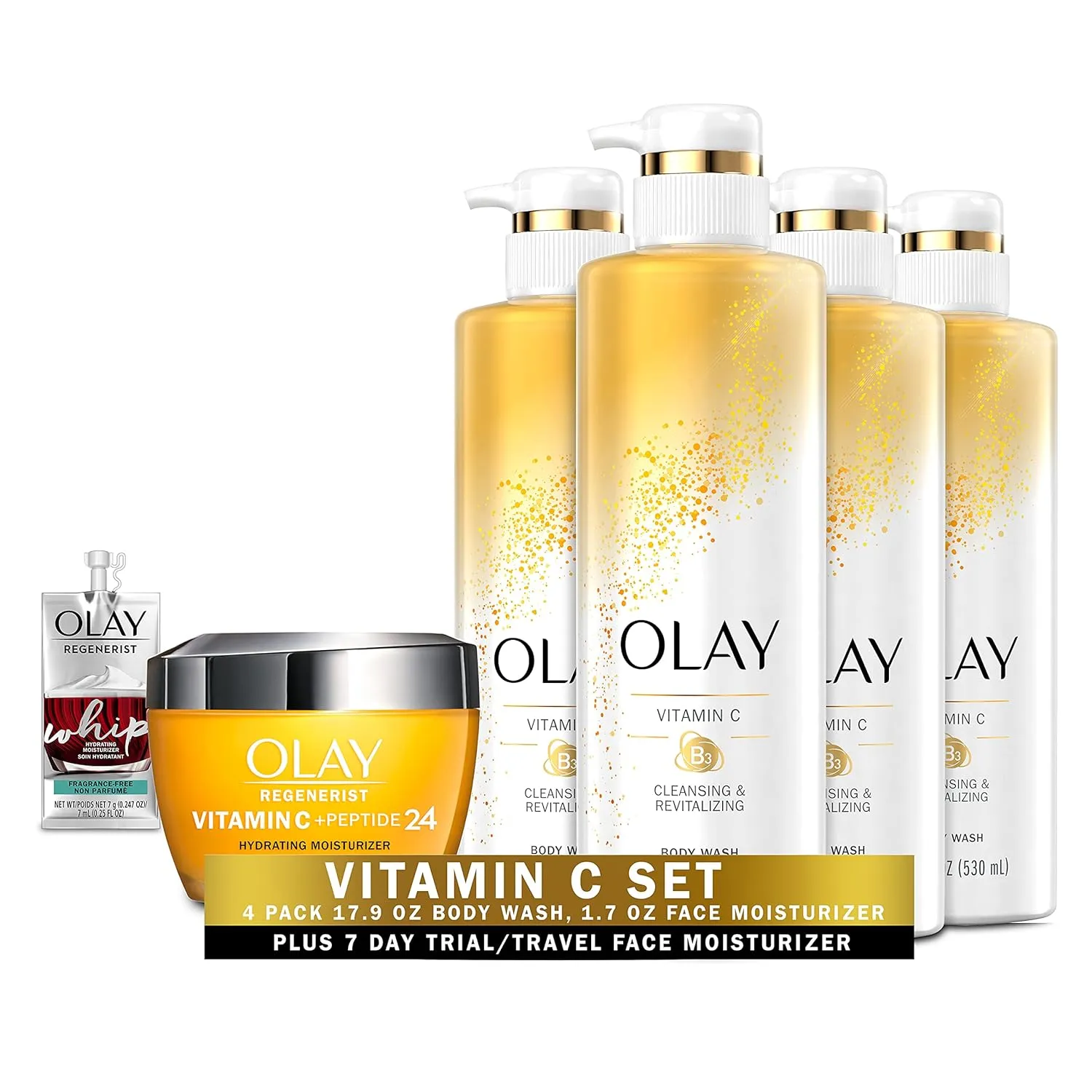 Olay Regenerist Vitamin C   Peptide 24 Brightening Face Cream (1.7 Oz)   Travel Size Whip Face Moisturizer and Cleansing & Brightening Body Wash with Vitamin C and Vitamin B3, 17.9 Fl Oz (Pack of 4)
