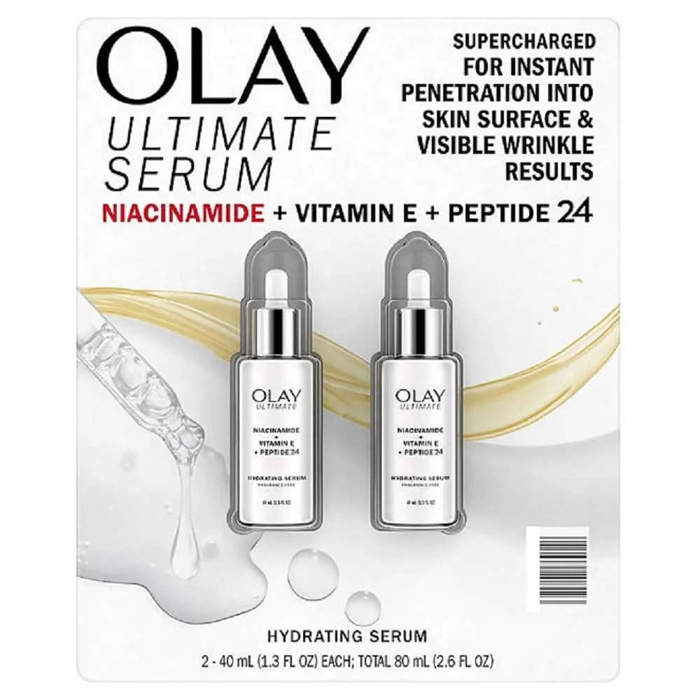 Olay Ultimate Niacinamide   Vitamin E   Peptide 24 Hydrating Serum, Fragrance Free, 1.3 Fl Oz (Pack of 2)