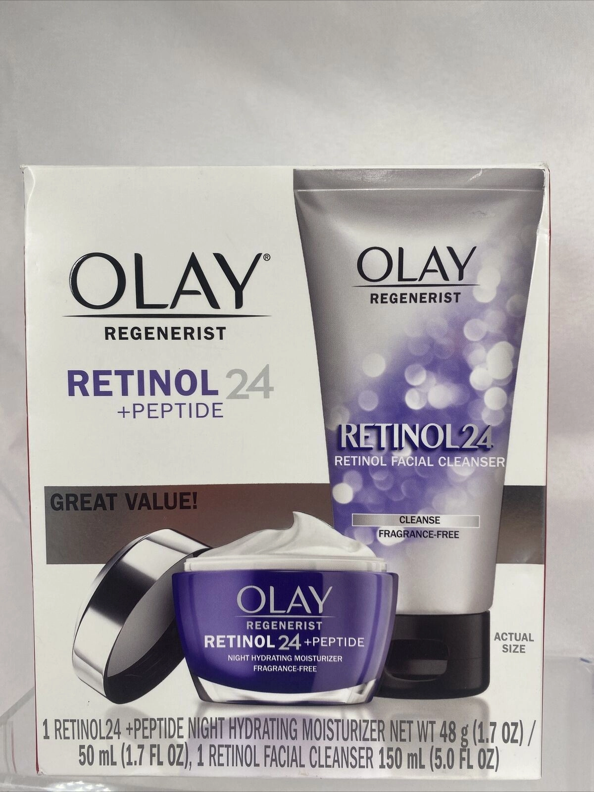 Olay Regenerist DUO Retinol24 Peptide 1.7oz NIGHT Moisturizer 5oz Face Cleanser