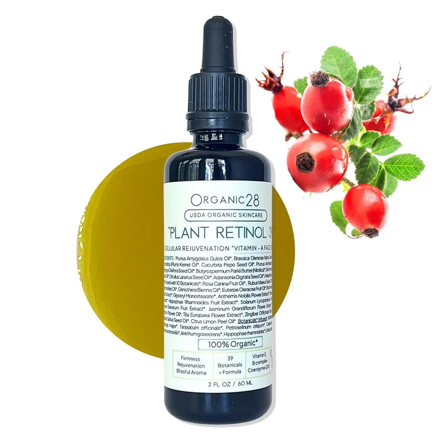 Organic28. 100% Organic Plant Retinol Serum For Face. 39 Botanicals – USA MADE. Fast Absorb Facial Moisturizer. Organic Jasmin Aromatherapy. Day & Night Cream For Women Anti Aging, Vegan. 2 Fl. Oz.
