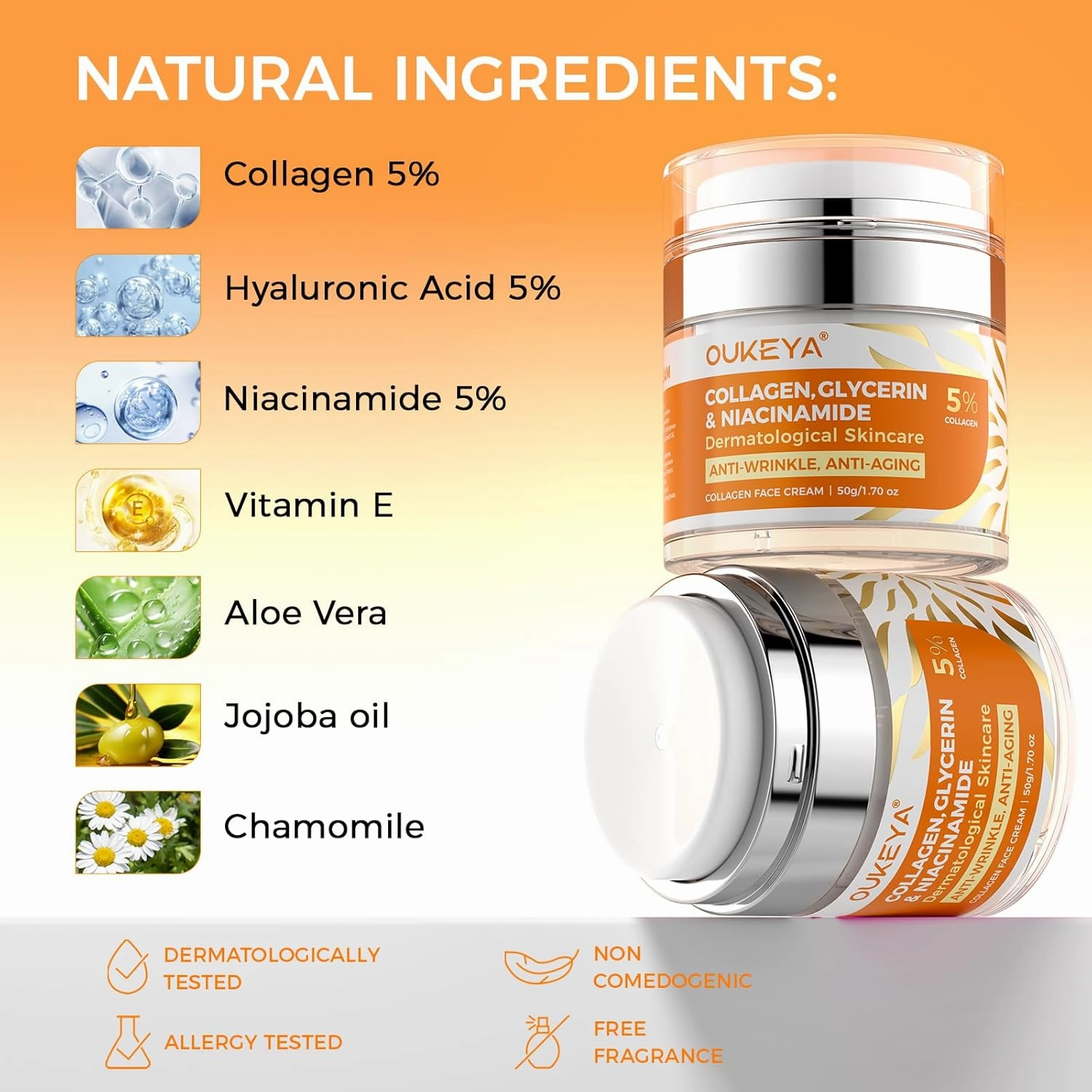 OUKEYA Collagen, Retinol & Hyaluronic Acid Cream - Anti-Aging Face Moisturizer for Face, Neck & Décolleté, Daily Moisturizer Face Cream - 1.7 fl.oz with 5% Hyaluronic Acid Niacinamide