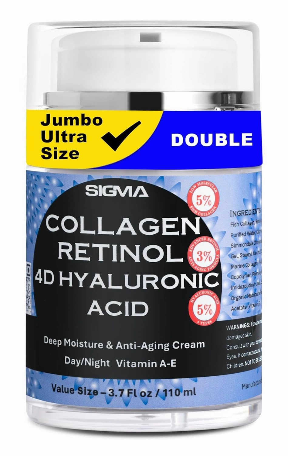 Premium Anti-Aging Face Cream | $9.45 / Oz | 4D Hyaluronic Acid & Retinol Moisturizer | Fish Collagen for Face & Neck | Jumbo 3.7 fl oz size | 1 Finger Cream Dispenser