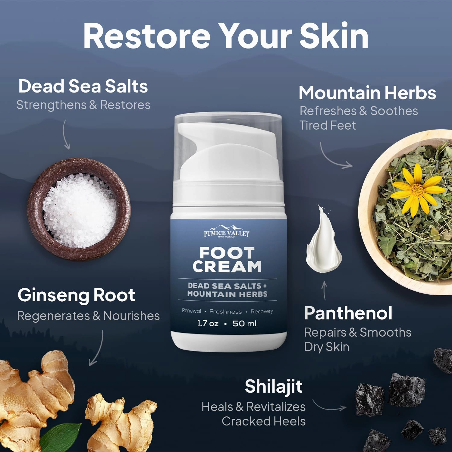 Pumice Valley 2 Pack Foot Cream for Dry Cracked Feet and Heels - Natural Moisturizer, Corn, Calluses Treatment - Skin, Body Lotion, Dead Sea Salts, Shilajit, Mountain Herbs 1.7 Oz