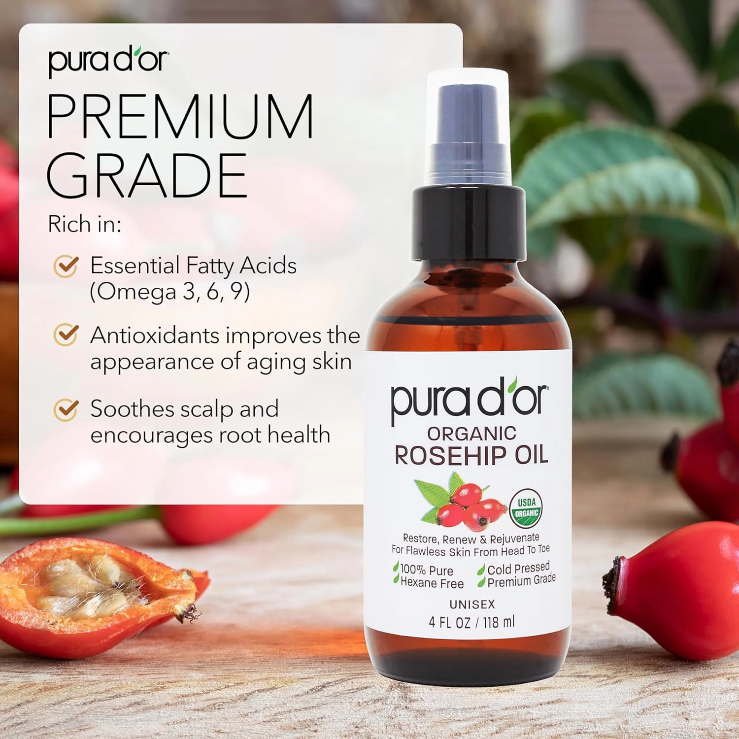 PURA D'OR ORGANIC Rosehip Seed Oil Hair Relaxer (4 Oz x2 = 8 Oz) 100% Pure Cold Pressed USDA Certified All Natural Anti-Aging, Scar Treatment, Gua Sha Massage, Face, Hair & Skin - Women & Men