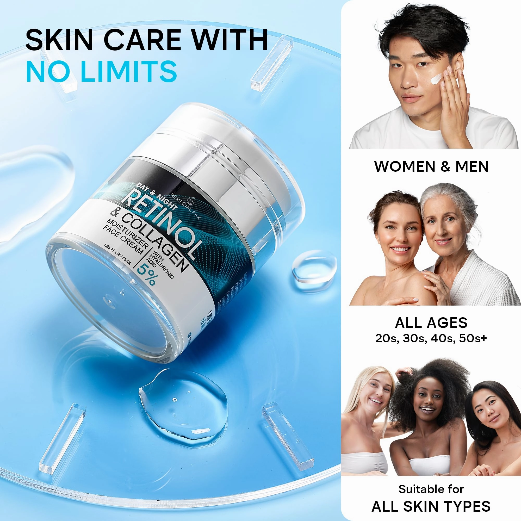 REMEDIAL PAX Face Moisturizer Retinol Cream, Anti Aging Neck Firming Cream, Collagen Day & Night Face Cream with Hyaluronic Acid for Women & Men, 1.85 Fl Oz