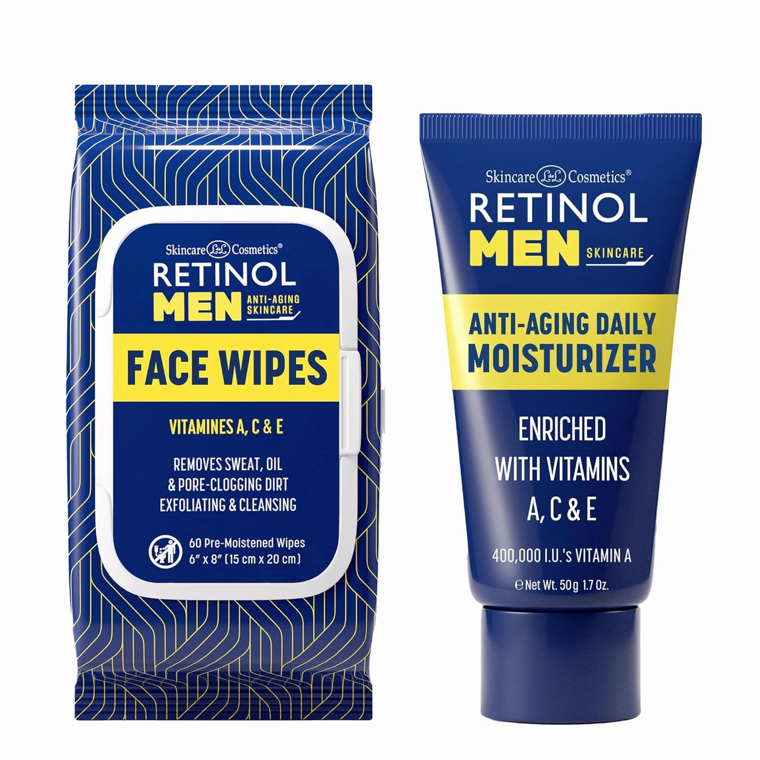 Retinol Men Anti- Aging Facial Wipes - Quickly cleanses Face from Sweat, Oil and Pore-Clogging Dirt   Retinol Men Moisturizer provide Anti-Aging Benefits of Vitamin A & Deep Hydration