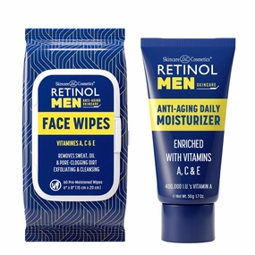 Retinol Men Anti- Aging Facial Wipes - Quickly cleanses Face from Sweat, Oil and Pore-Clogging Dirt   Retinol Men Moisturizer provide Anti-Aging Benefits of Vitamin A & Deep Hydration