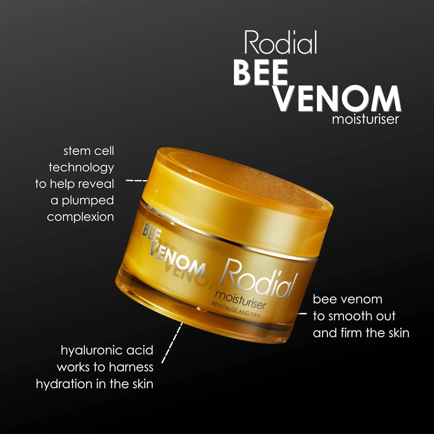 Rodial Bee Venom Moisturiser Cream 1.7fl.oz - Intense Face Cream to Restore Skin Elasticity and Firmness - Anti-Aging Formula - Juvinity for Collagen Production Boost - Long Lasting Hydration