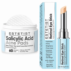 Salicylic Acid Acne Pads Maximum Strength Facial Peel Resurfacing 60 Count & Exfoliating & Retinol Eye Stick Brightener Balm Prevent Fine Lines Improves Under Eye Area